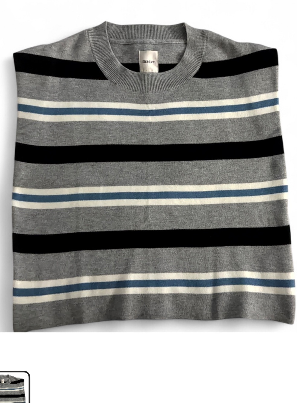 Maeve Gray Crewneck Sleeveless Sweater with Black, White & Blue Stripe